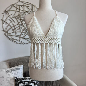 Crochet Halter Top Large Cream White Fringe Boho Festival Hippie Y2K 70s Beach